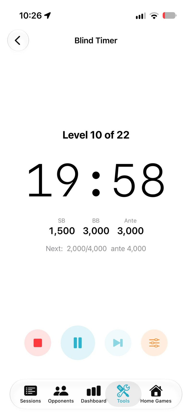 Blind timer showing level 10 of 22 with blinds and ante