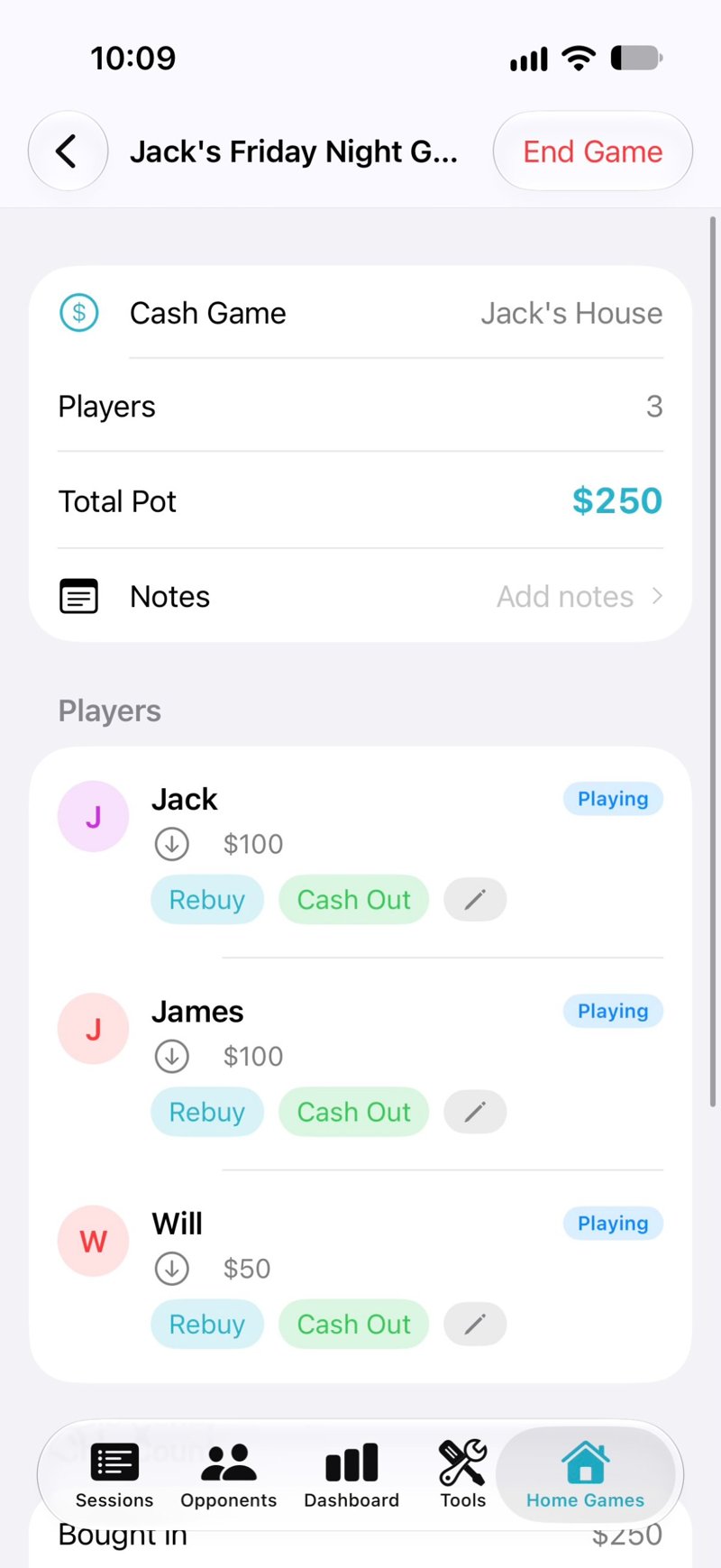 Home game screen showing three players, their buy-ins and the total pot