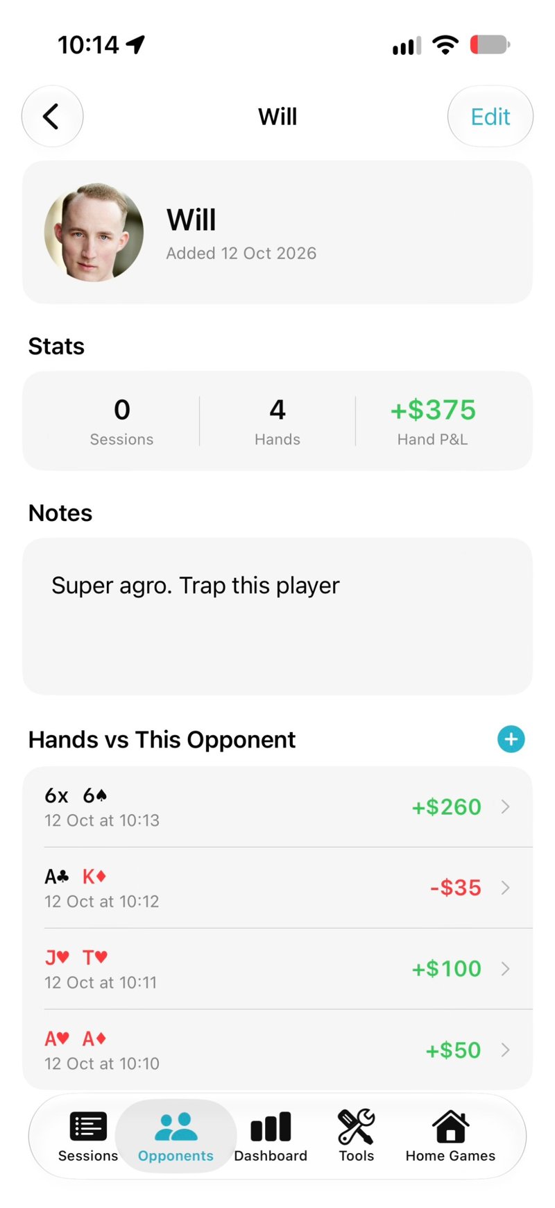 Opponent profile showing notes and hands played against that player